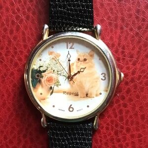 Vintage Regent Watch Cat Flowers Gold Tone Black Leather Wristband Analog Dial